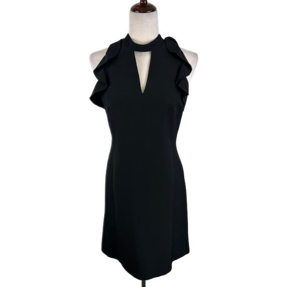Nadine Milano Black Sleeveless Ruffle Mock Neck Keyhole‎ Mini Dress Size 4